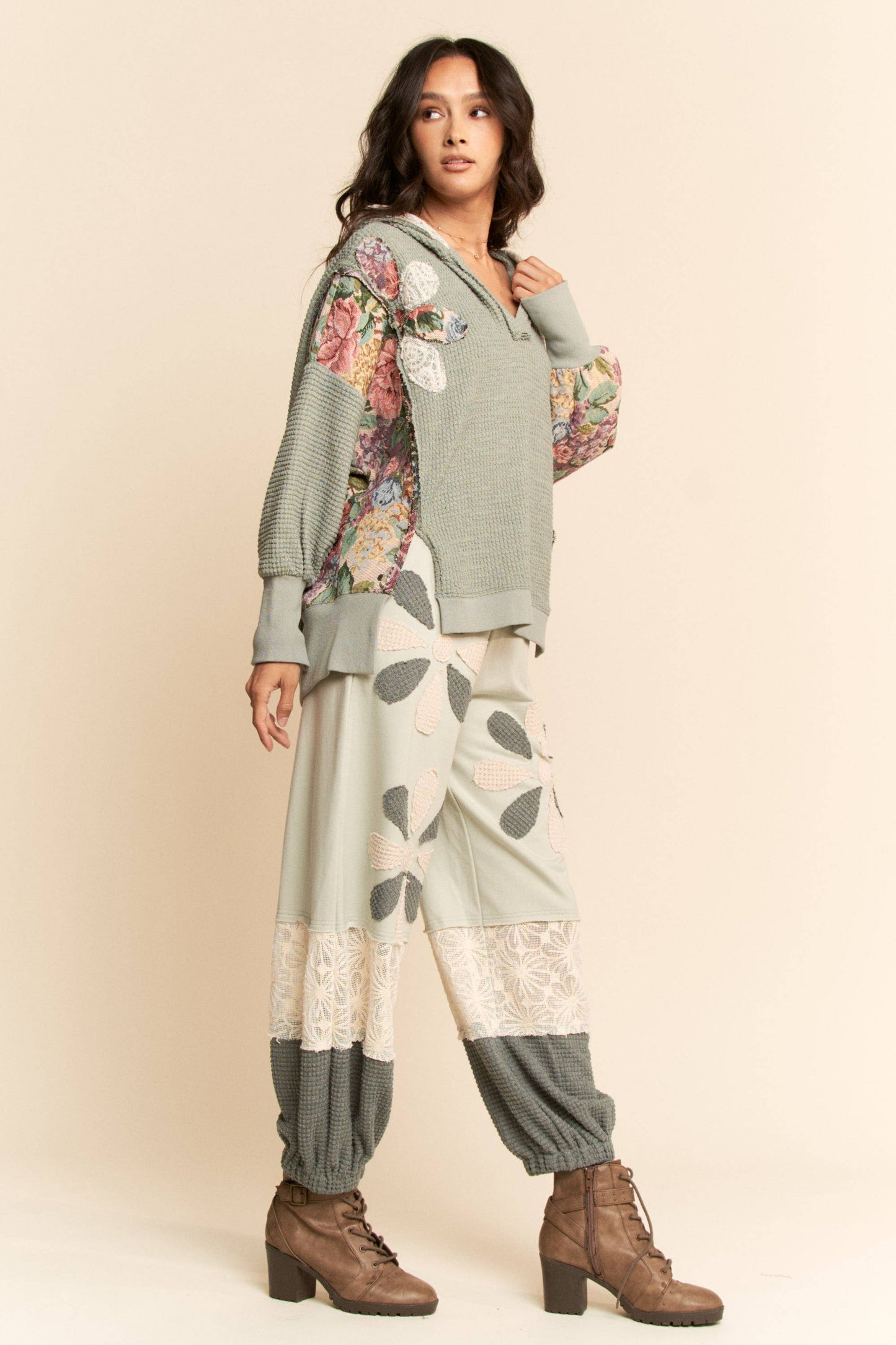 PLUS WAFFLE KNIT PATCHWORK HOODIE