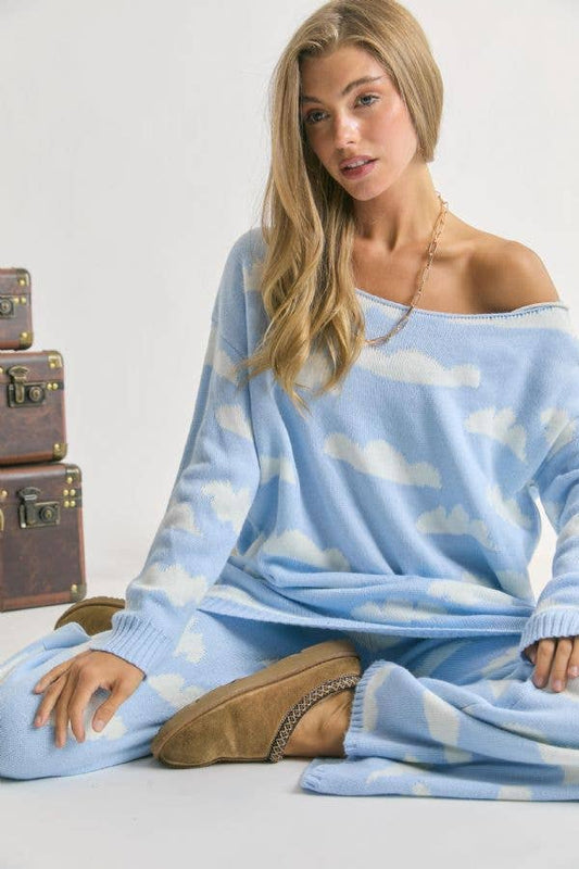 CLOUD PRINT ROUND NECK LOOSE FIT KNIT SWEATER