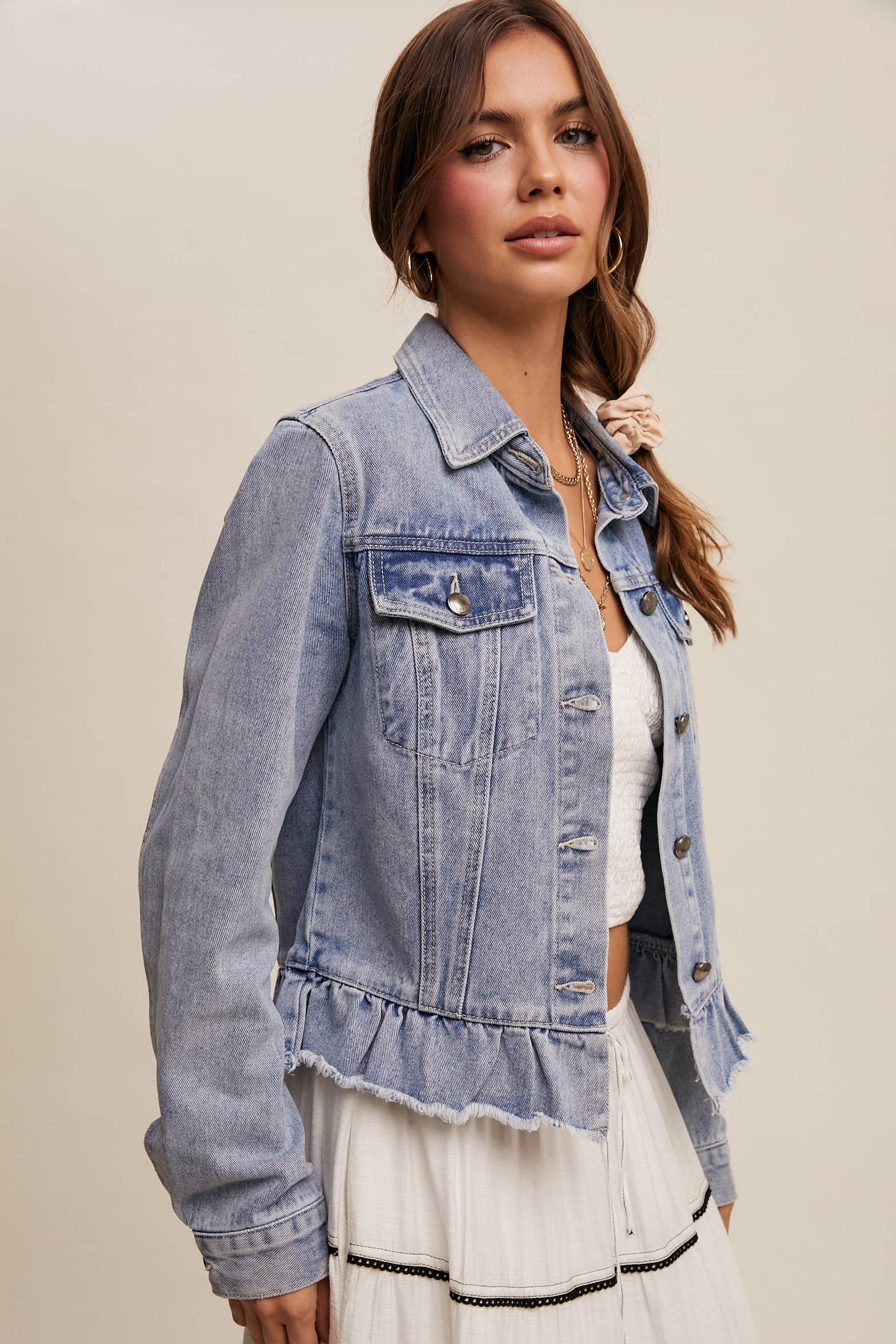 Ruffled Hem Denim Jacket