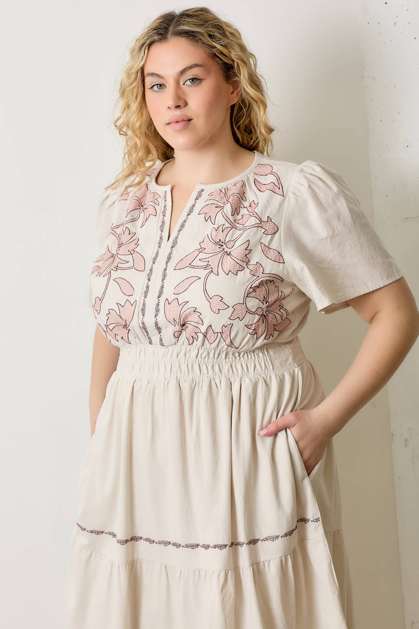 PLUS EMBROIDED FLORAL TIERED DRESS