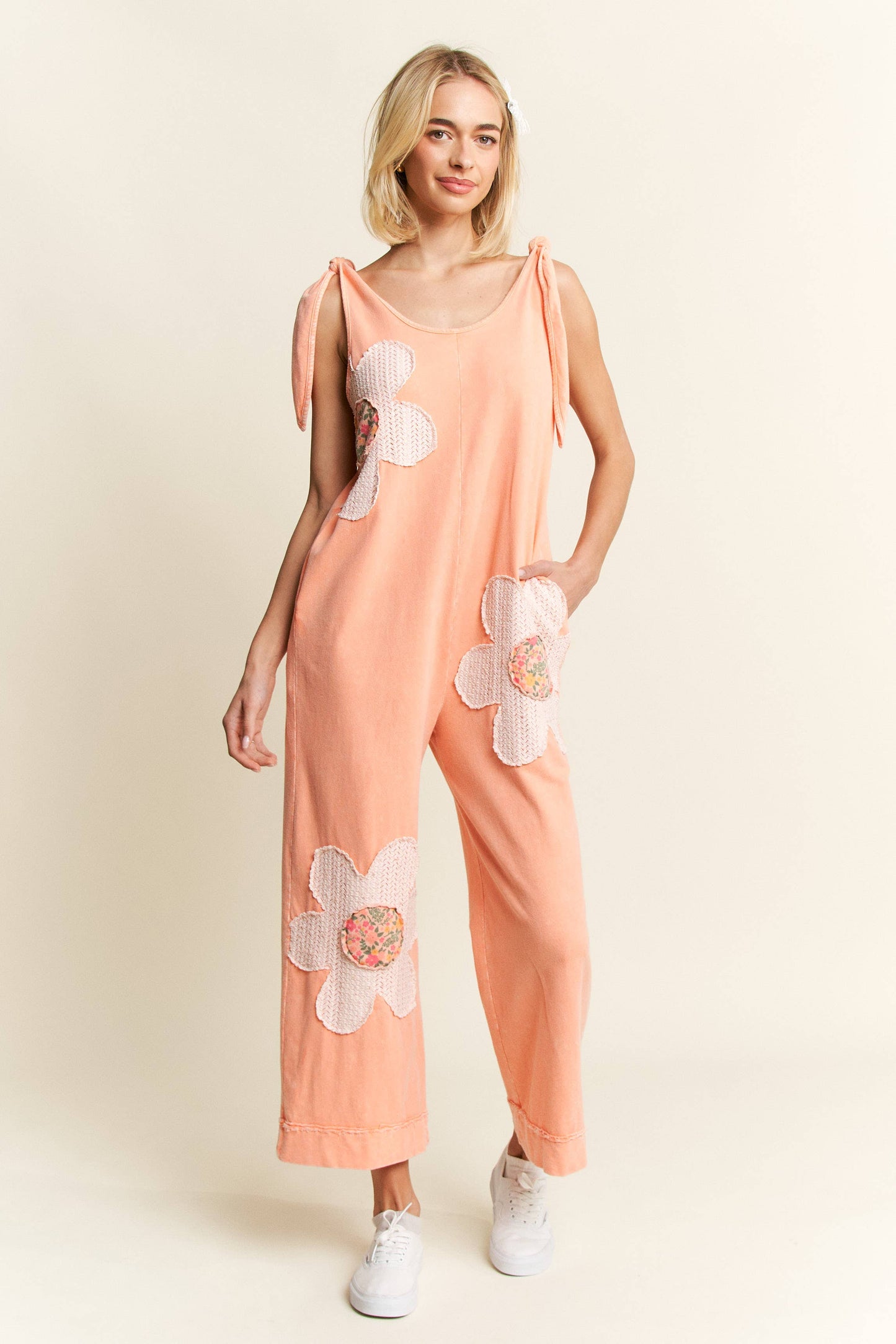 Flower Patched Jumpsuits: Papaya