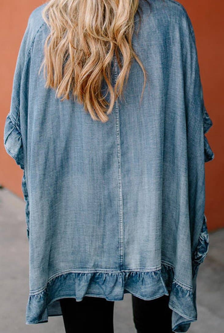 Chambray Ruffle Hem Loose Kimono