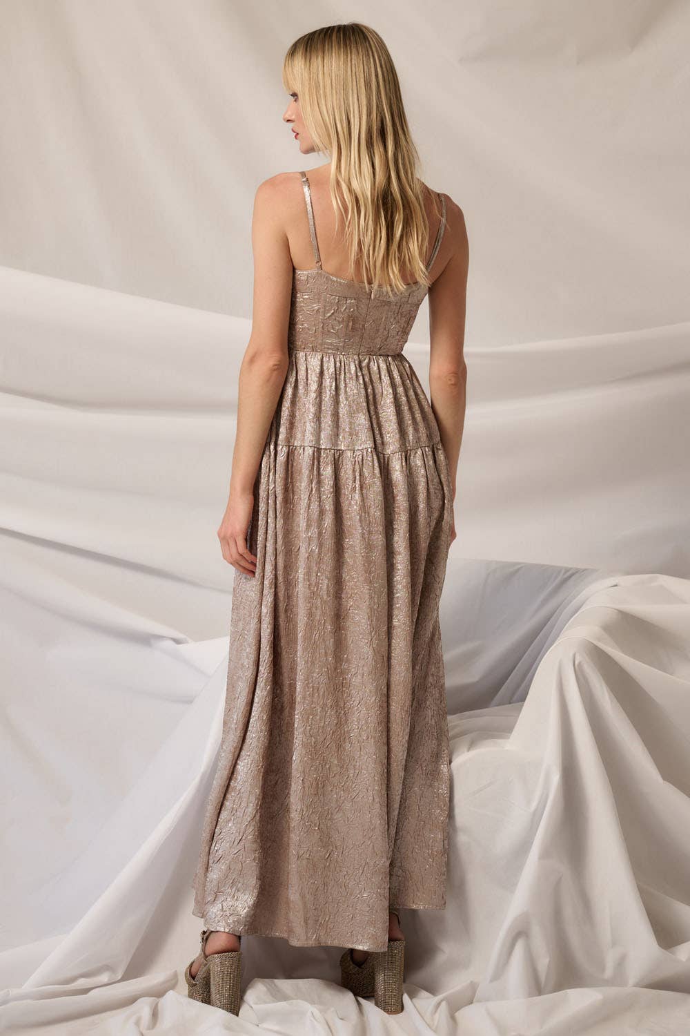 Textured Metallic Fit-and-Flare Corset Maxi Dress