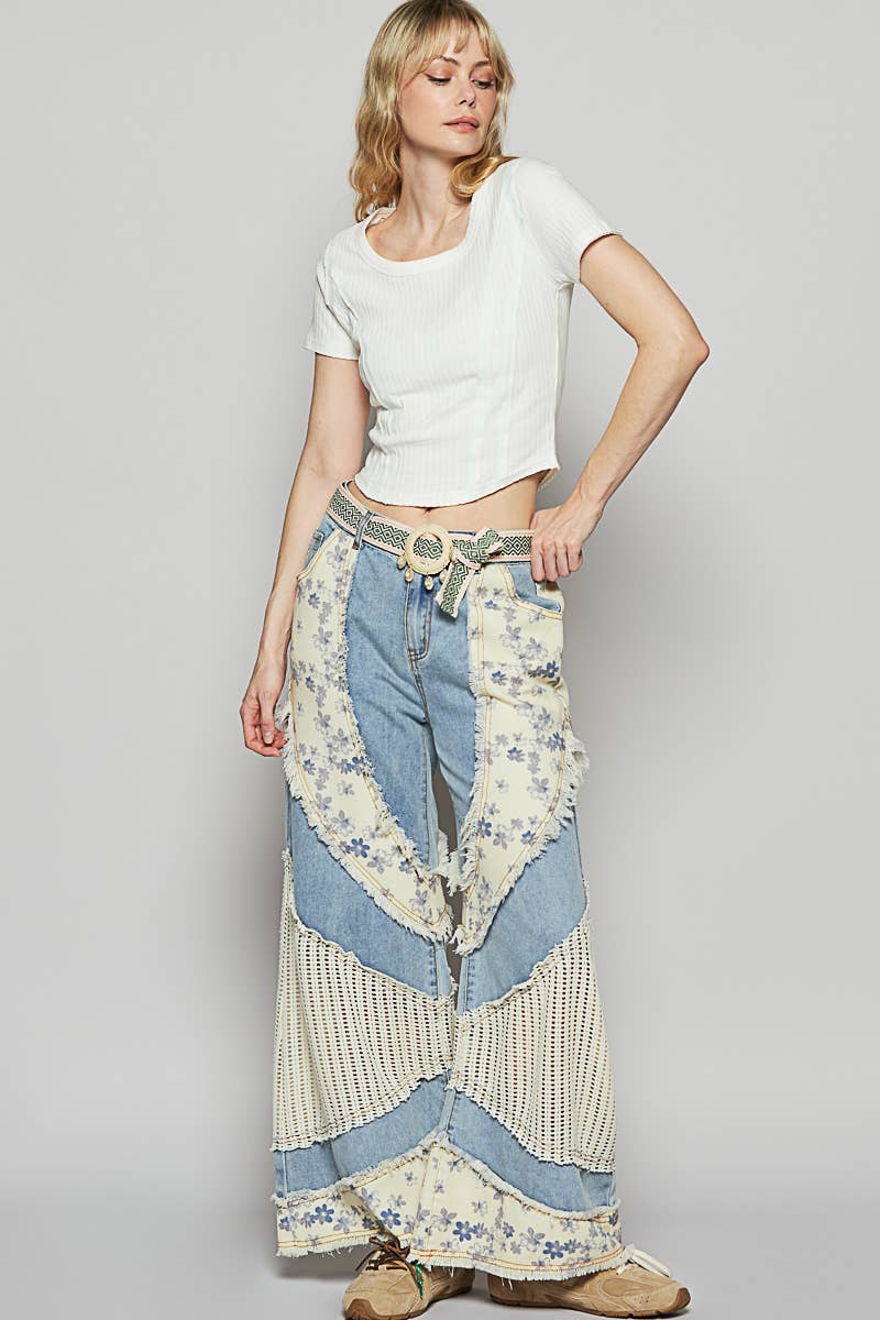 Floral print crochet contrast casual jeans