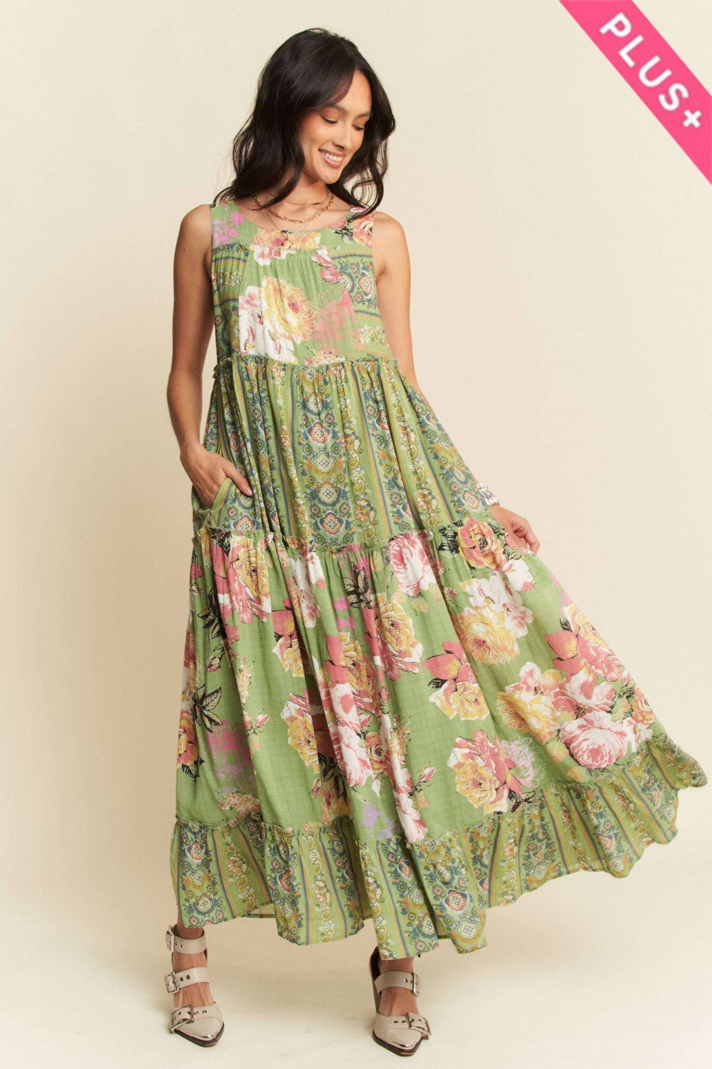 FLORAL BOHO STRIPE DRESS: Sage Plus Size Only