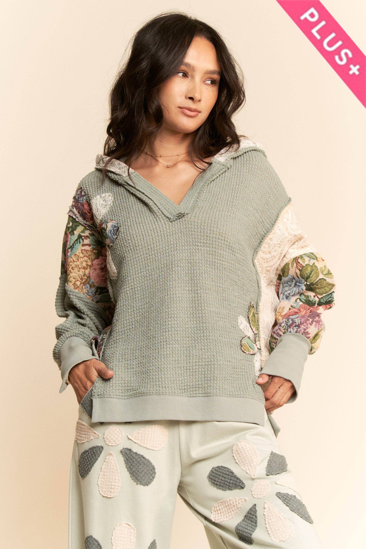 PLUS WAFFLE KNIT PATCHWORK HOODIE