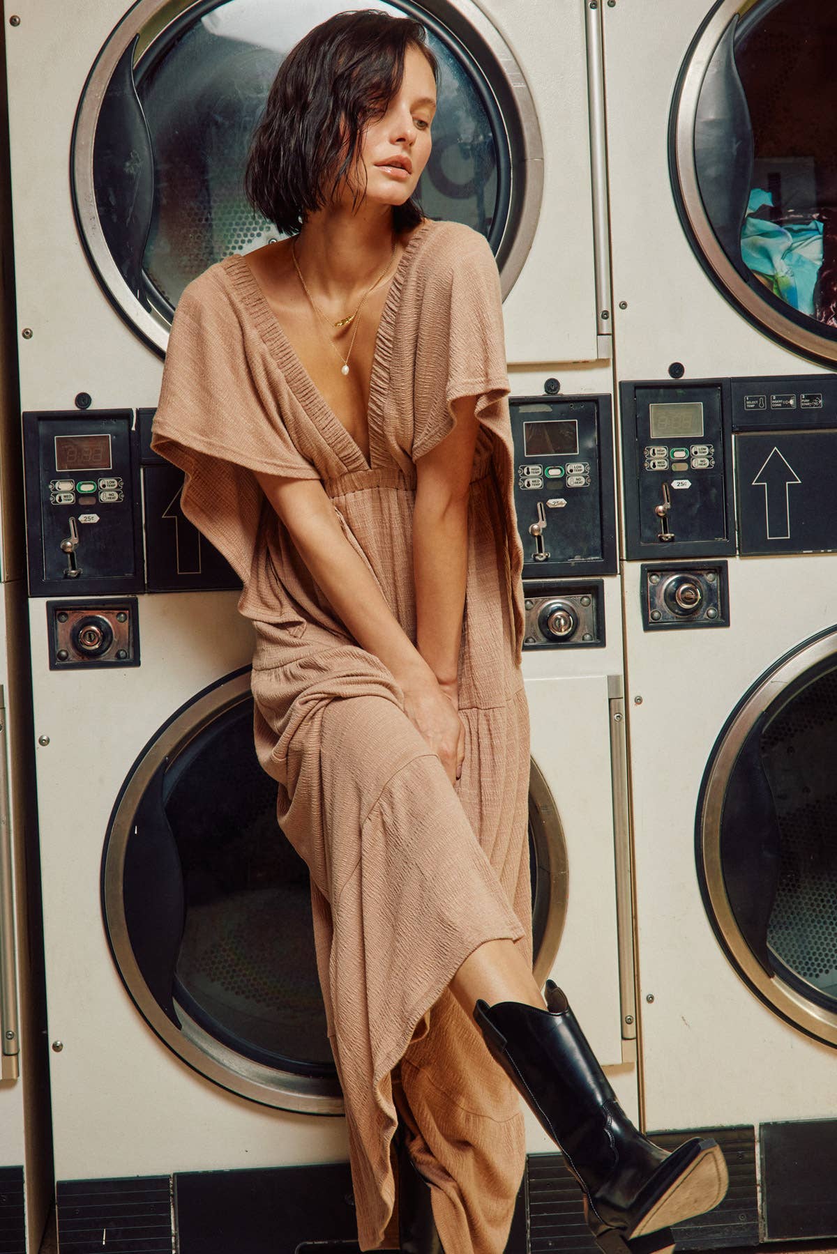 Deep V-Neck Textured Maxi Dress
