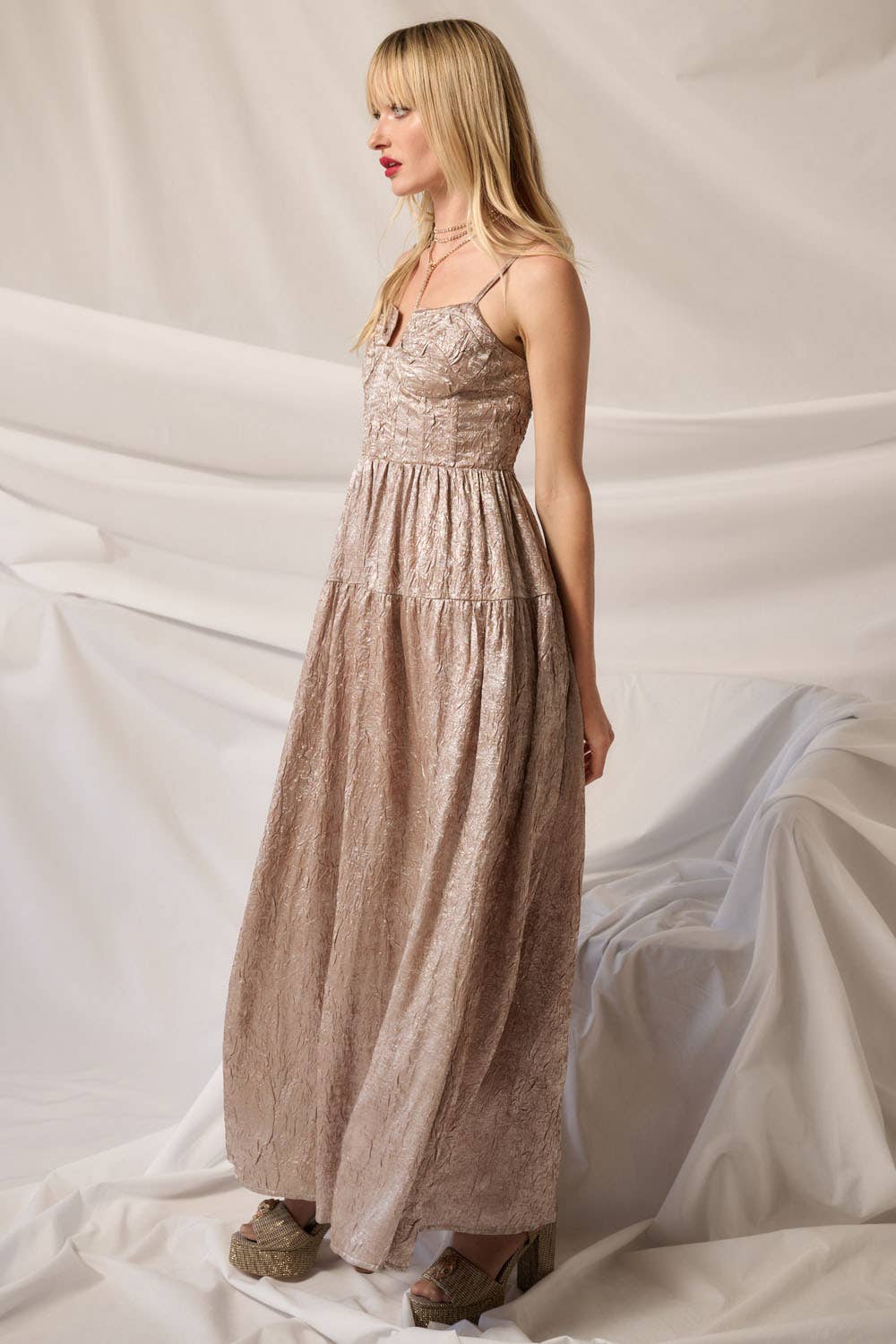 Textured Metallic Fit-and-Flare Corset Maxi Dress