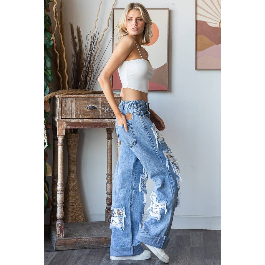 DISTRESSED SEQUIN DENIM