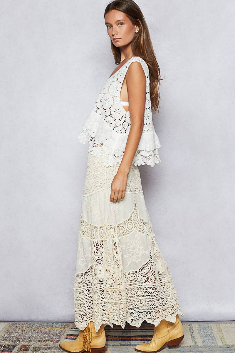 Crochet patterns embroidered maxi skirt: NATURAL / OS