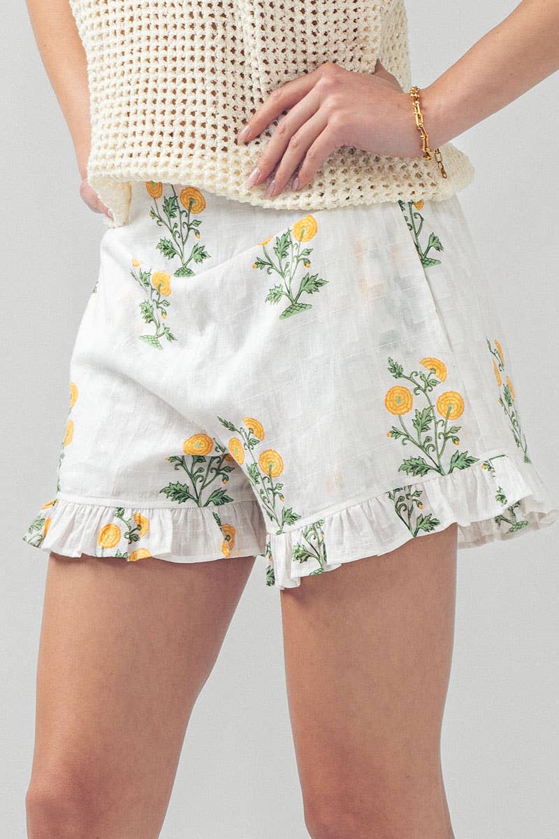 Yellow Floral Print Ruffle Shorts