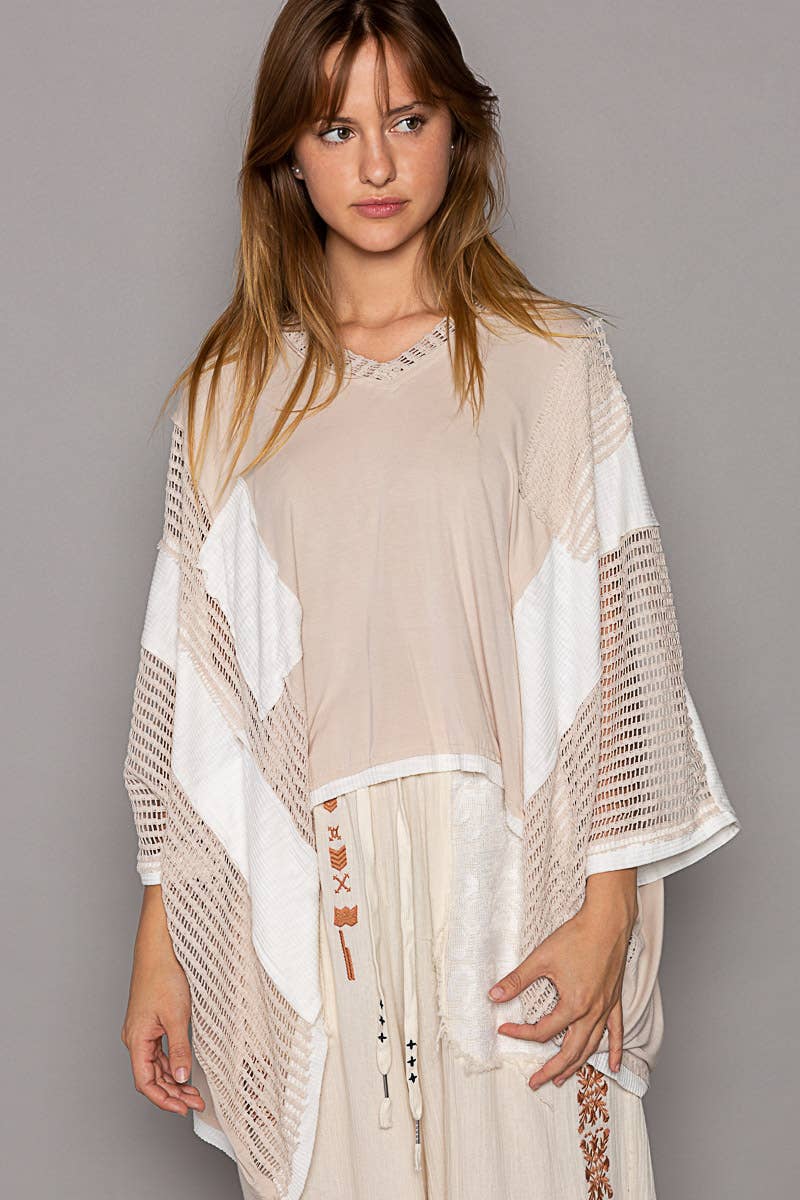 Oversize high low contrast fabric v-neck 3/4 sleeve top