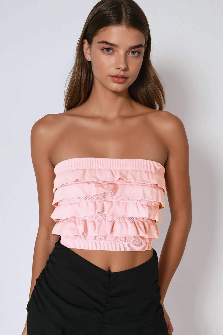 Layered Ruffle Tube Top: Icy Pink