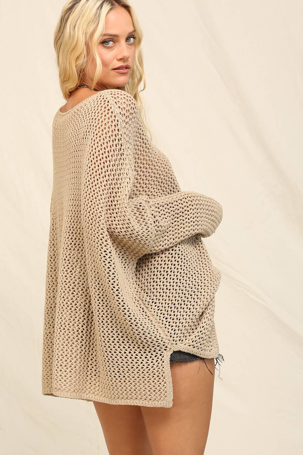 Oversized Open Knit Sweater: Latte