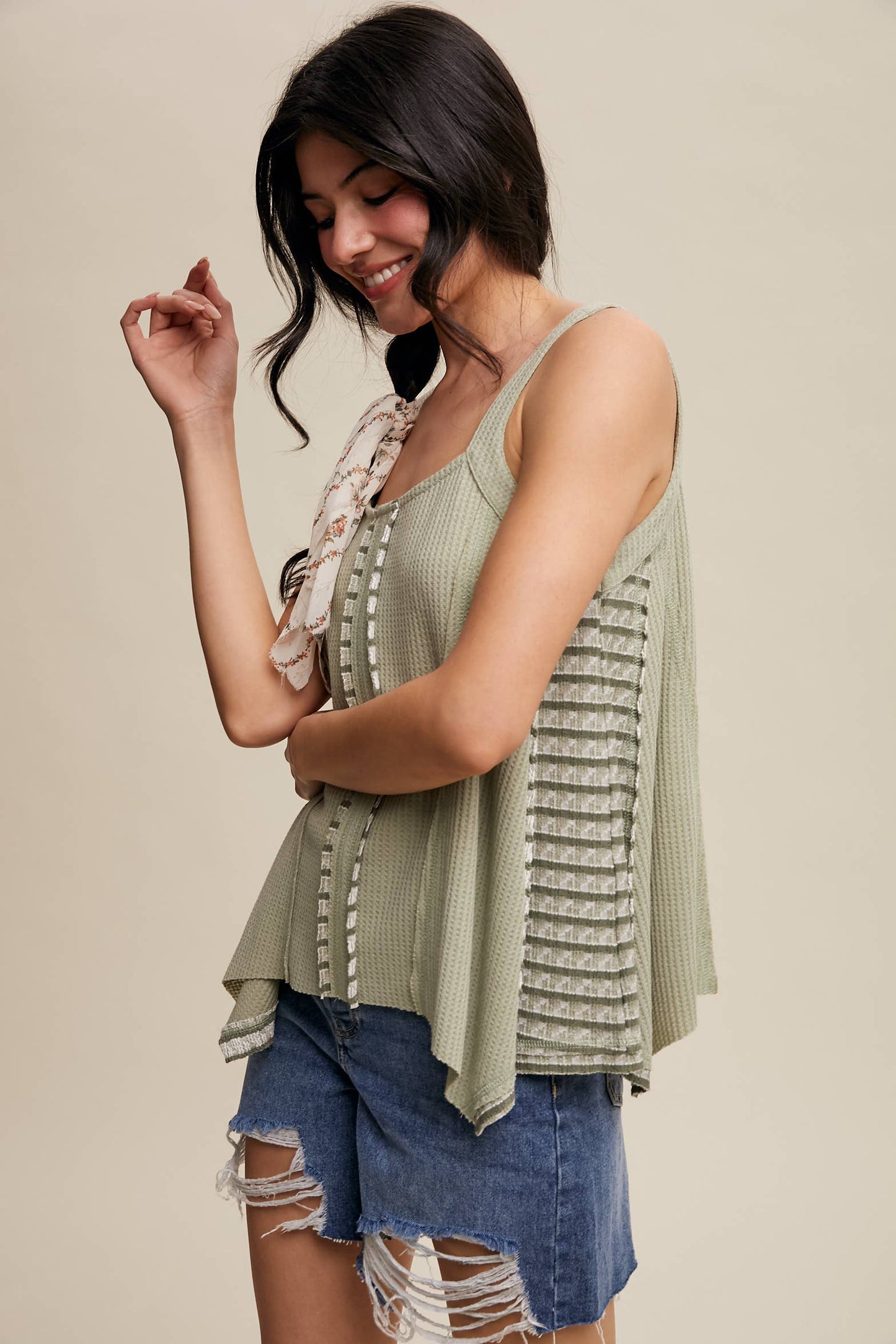 Boho-Inspired Textured Tank Top: Sage