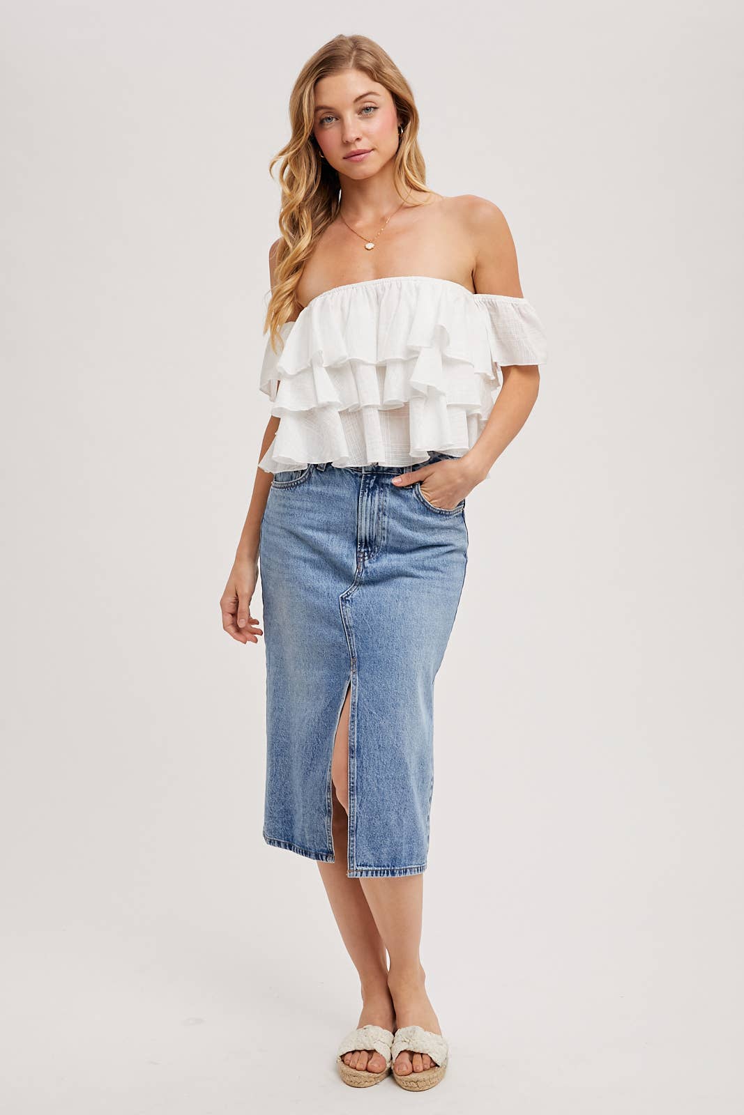 OFF-THE-SHOULDER TIERED CROP TOP