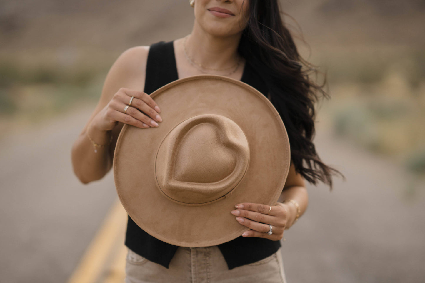 Vegan Suede Pencil Curl Brim Sweetheart Crown Fedora Hats: Tan
