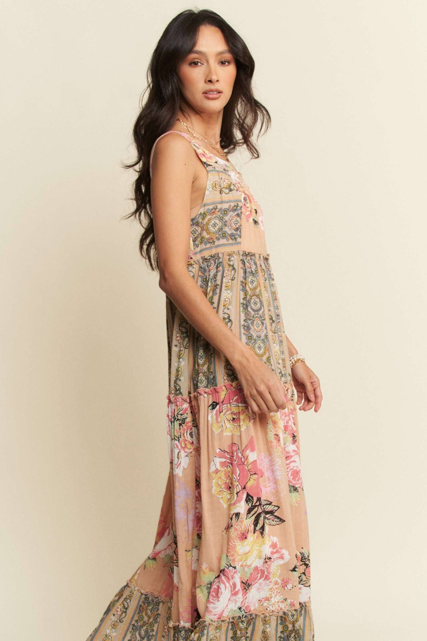FLORAL BOHO STRIPE DRESS: PINK BEIGE - PLUS ONLY