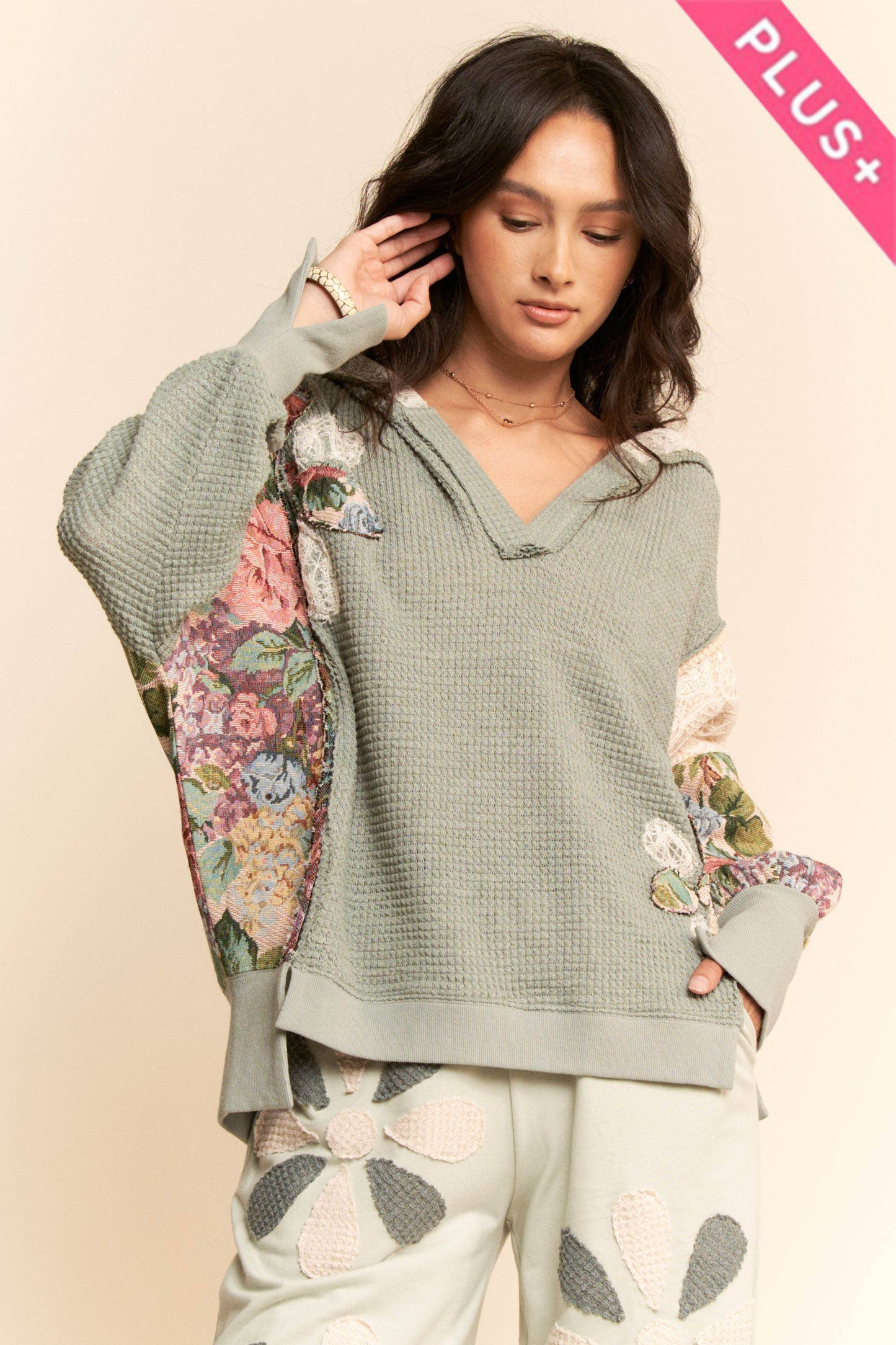 PLUS WAFFLE KNIT PATCHWORK HOODIE