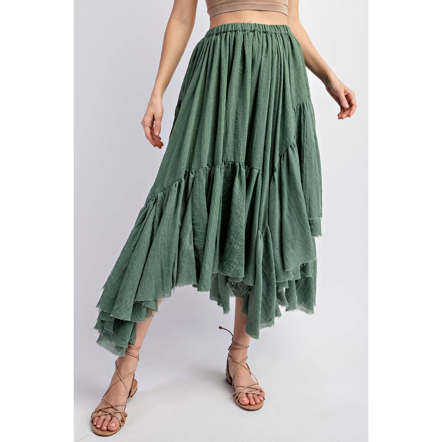 ASYMMETRICAL RAW-EDGE RUCHED UNEVEN HEMLINE SKIRT: Olive