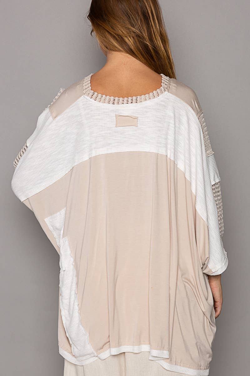 Oversize high low contrast fabric v-neck 3/4 sleeve top