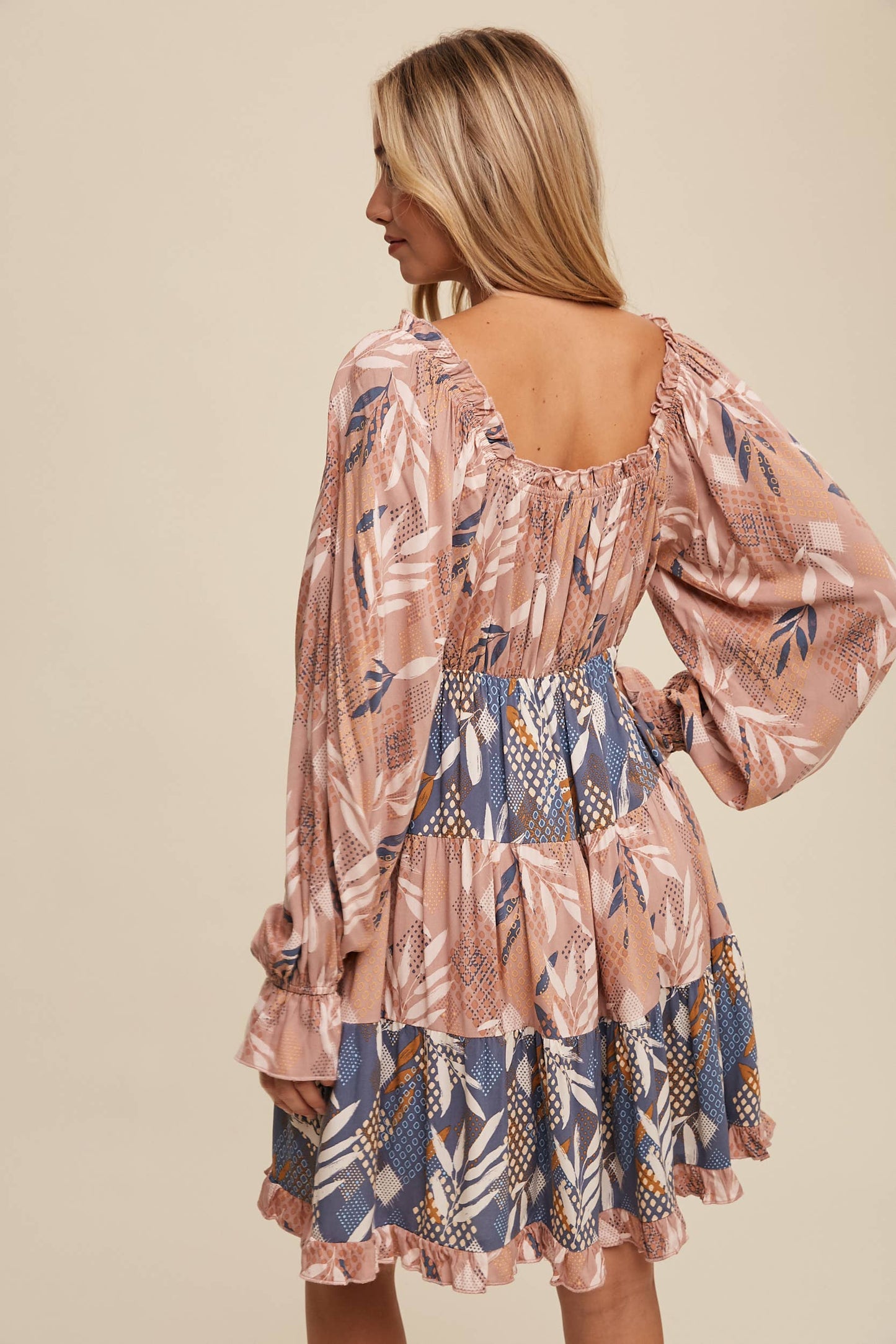 Patchwork Puff-Sleeve Tiered Mini Dress