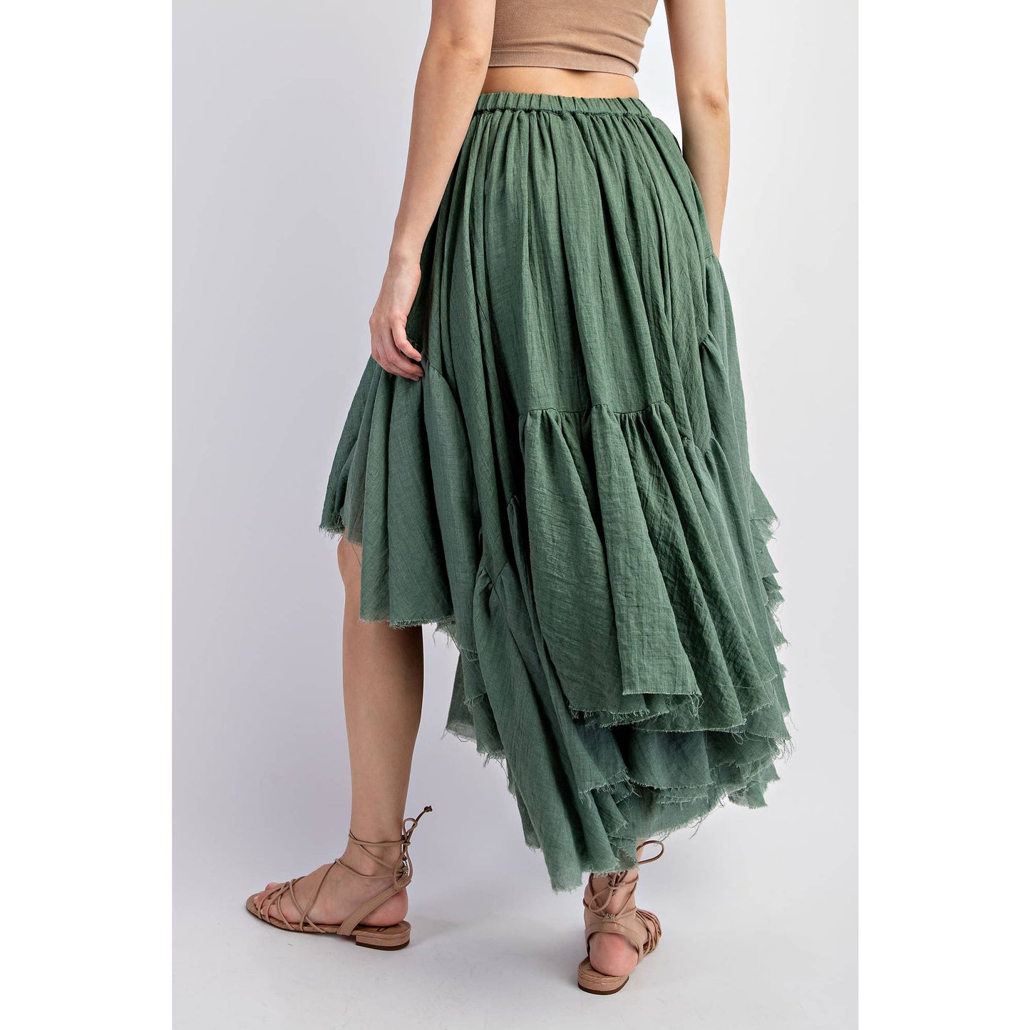 ASYMMETRICAL RAW-EDGE RUCHED UNEVEN HEMLINE SKIRT: Olive