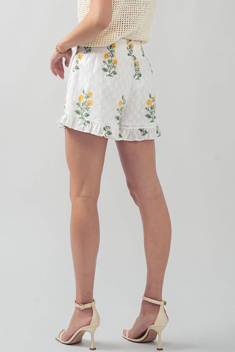 Yellow Floral Print Ruffle Shorts