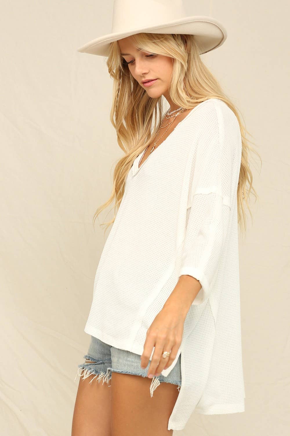 Thermal V-Neckline Exposed Seaming Top: Off White