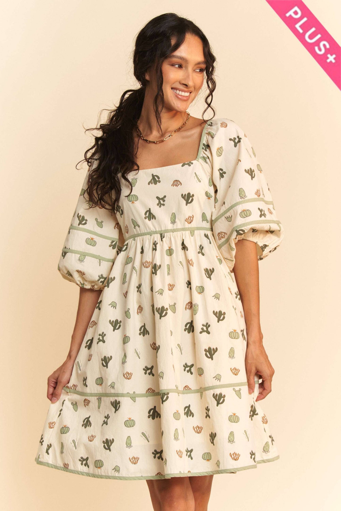 CACTUS PRINT DRESS: CREAM/GREEN