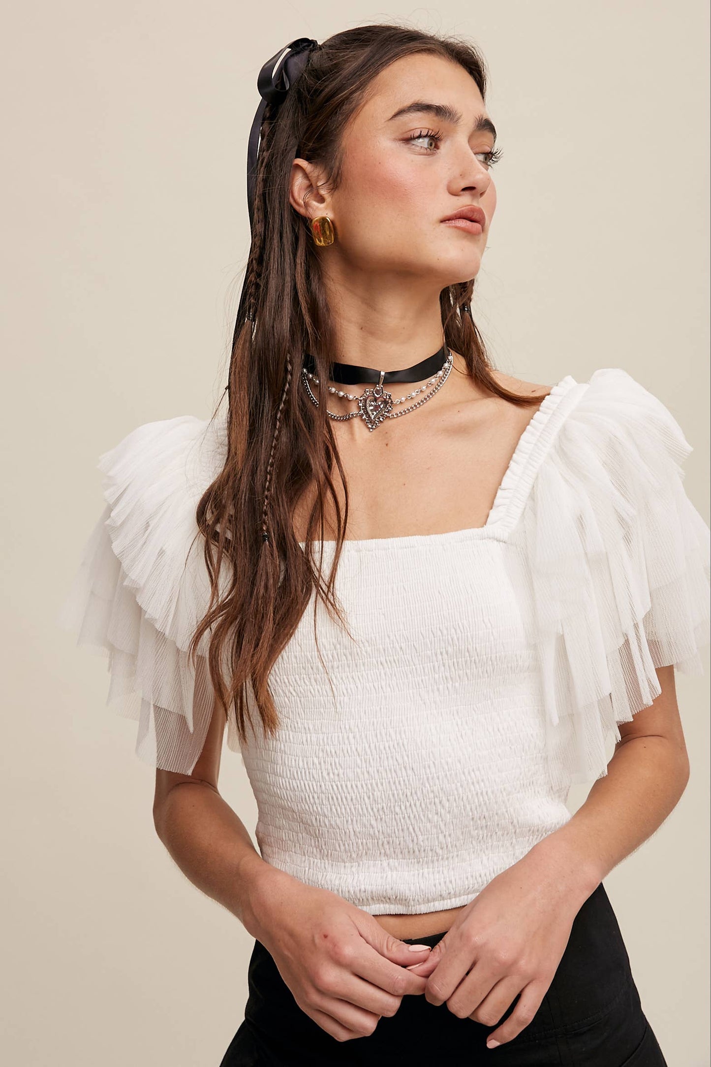 Tulle Ruffle Sleeve Smocked Top