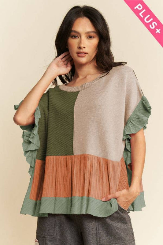 PLUS SWEATER MIX PATCHWORK TEXTURED RUFFLE TOP