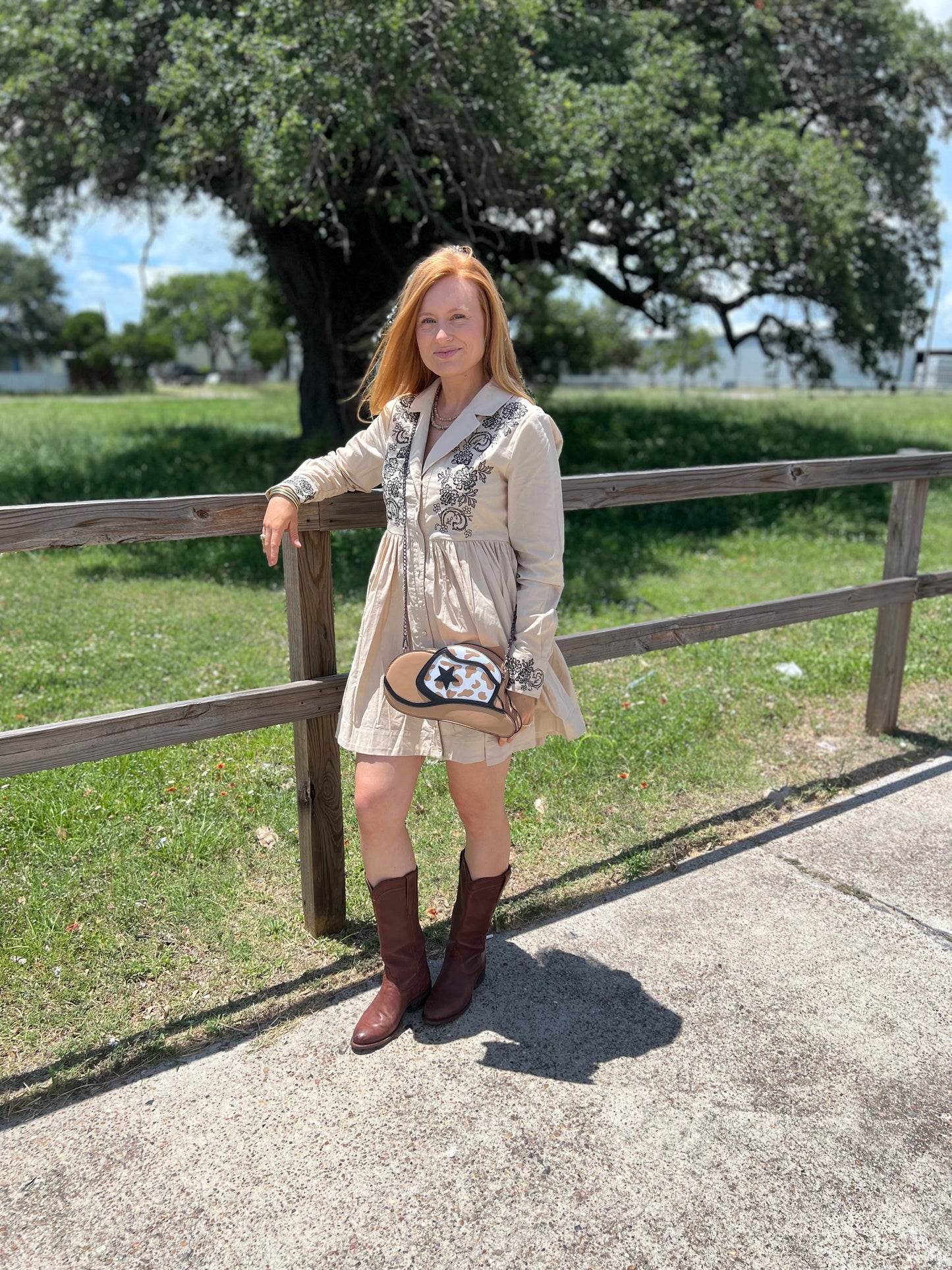 Linen Blend Embroidered Button Flare Dress: Taupe
