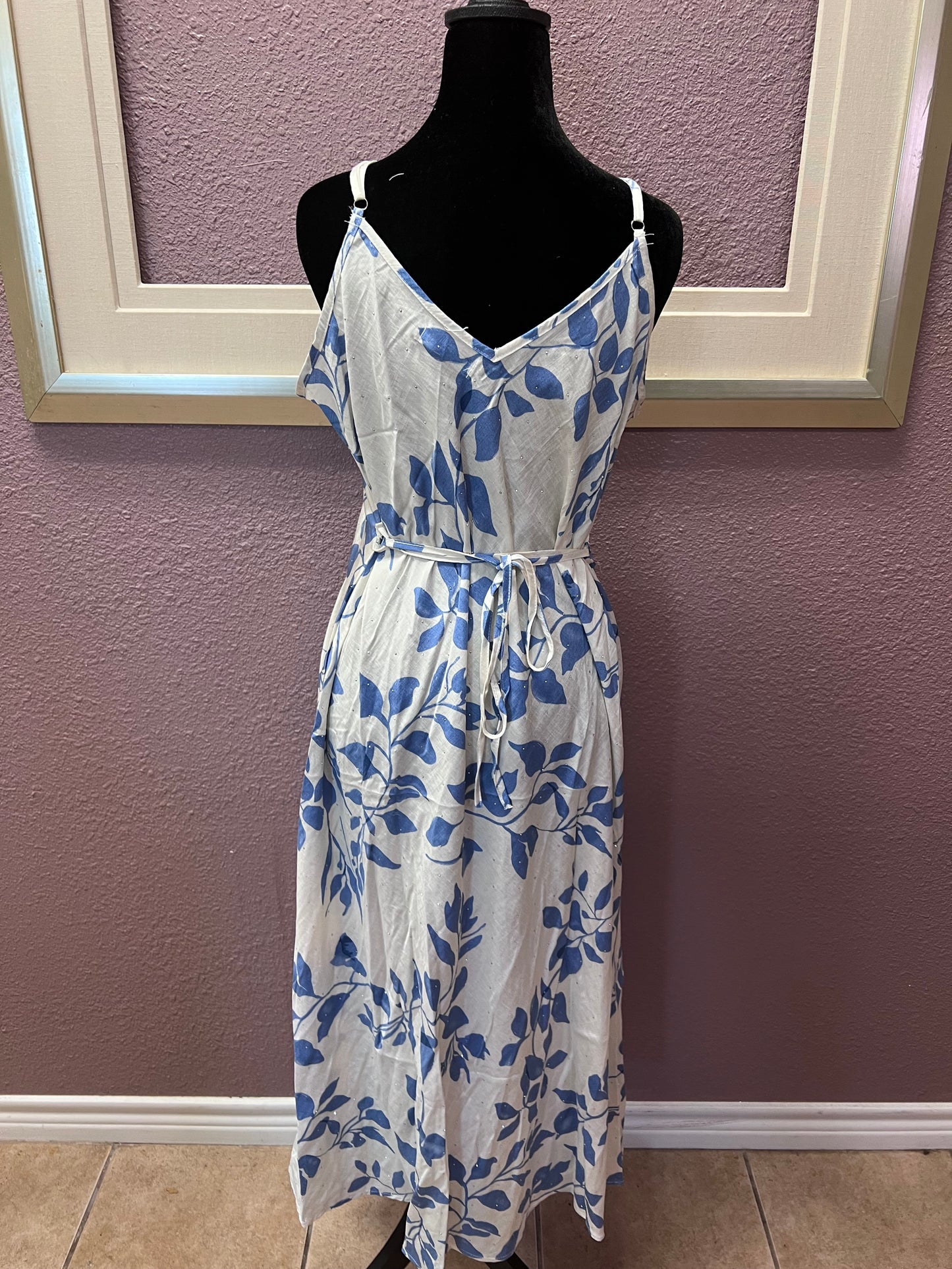 Sparkle Leaf Print Maxi Dress - Blue