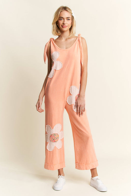 Flower Patched Jumpsuits: Papaya