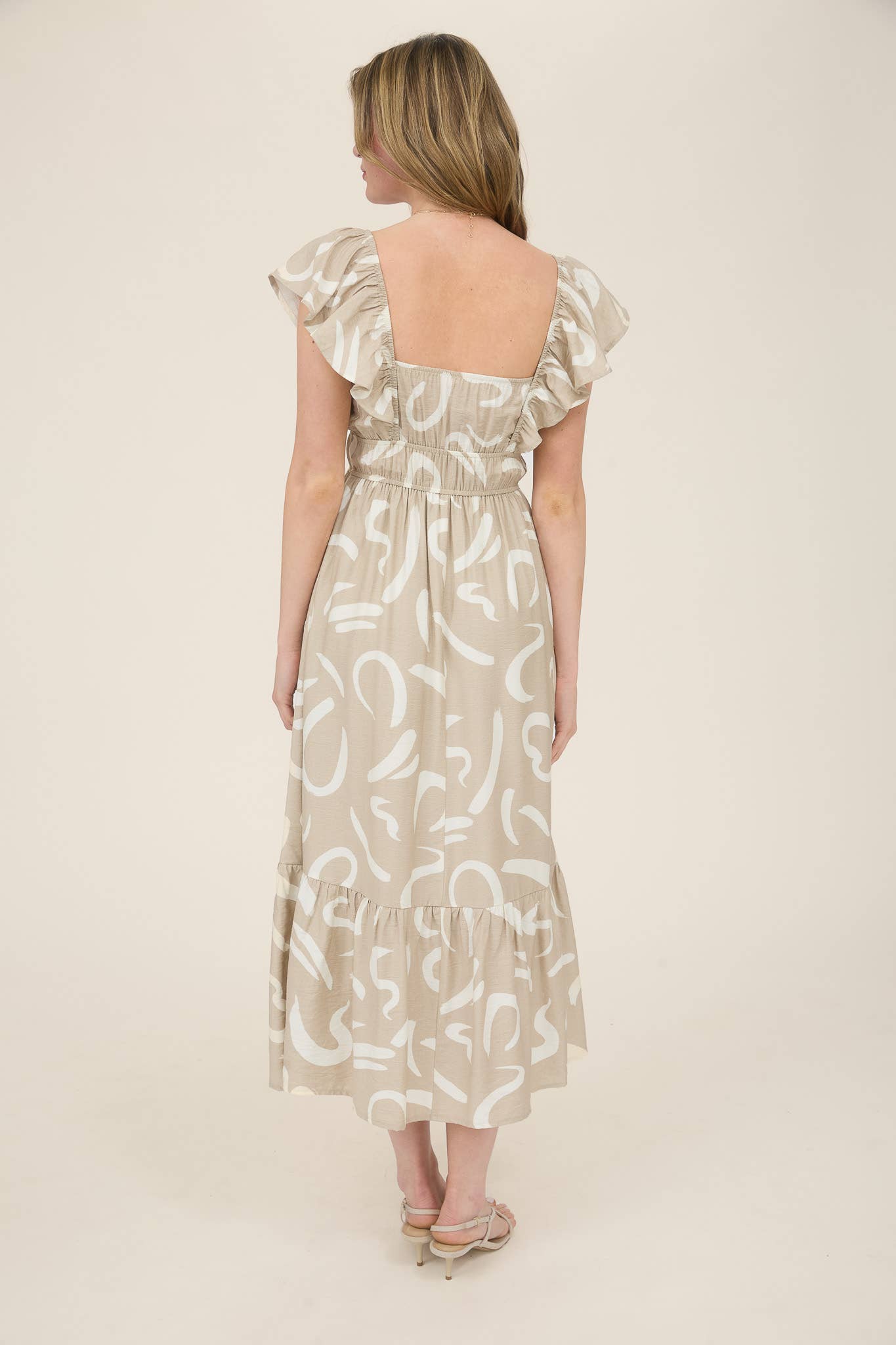 FLUTTER SLEEVE MIDI DRESS: KHAKI