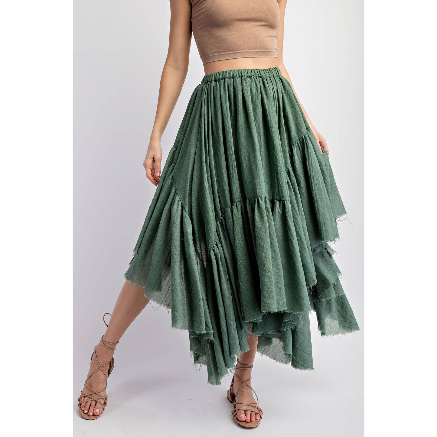 ASYMMETRICAL RAW-EDGE RUCHED UNEVEN HEMLINE SKIRT: Olive