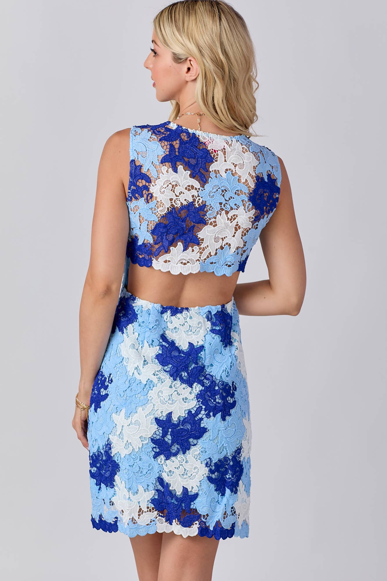 Open Back Multi Lace Mini Dress: BLUE