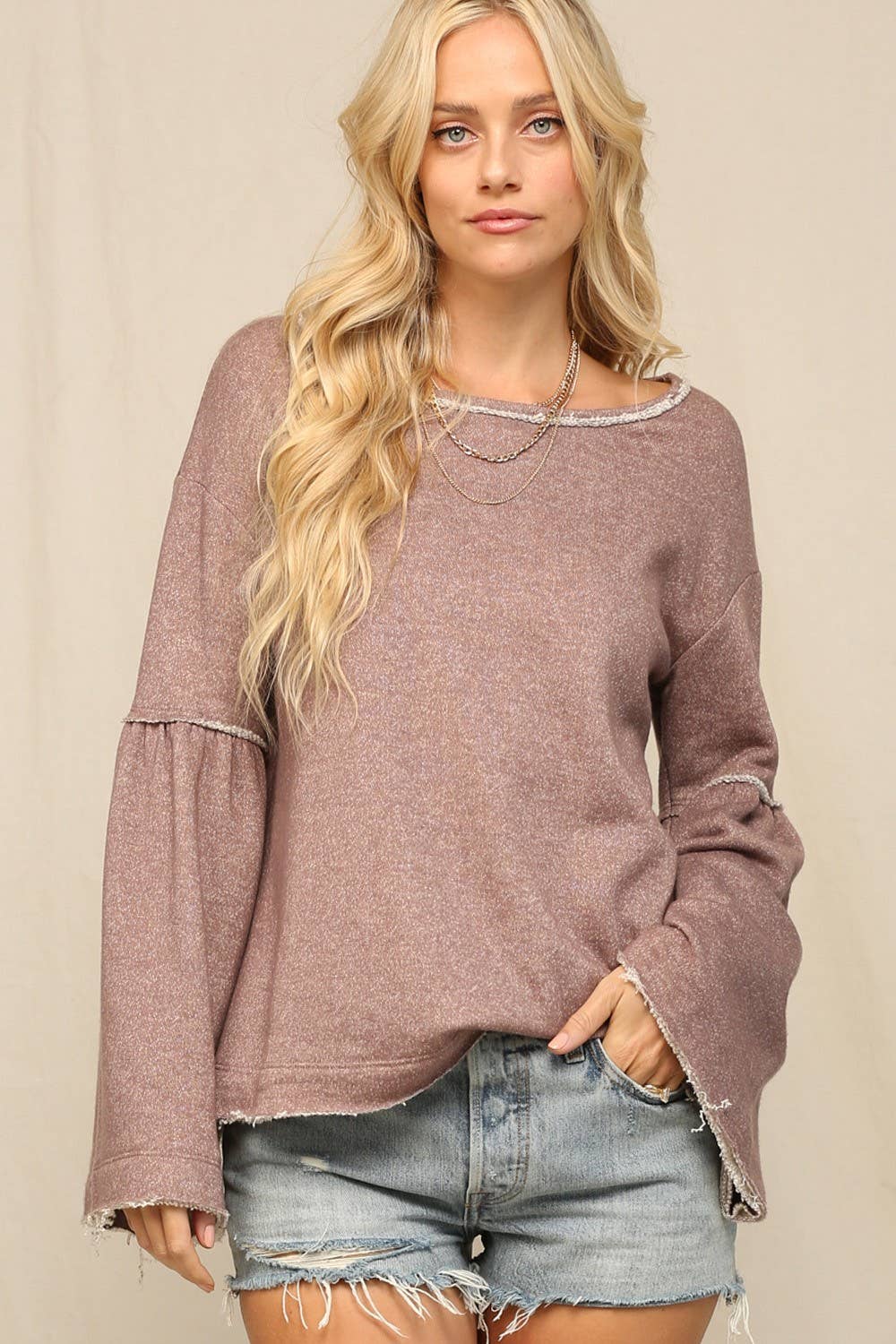 French Terry Oversized Bell Sleeve Tunic Top: Mocha