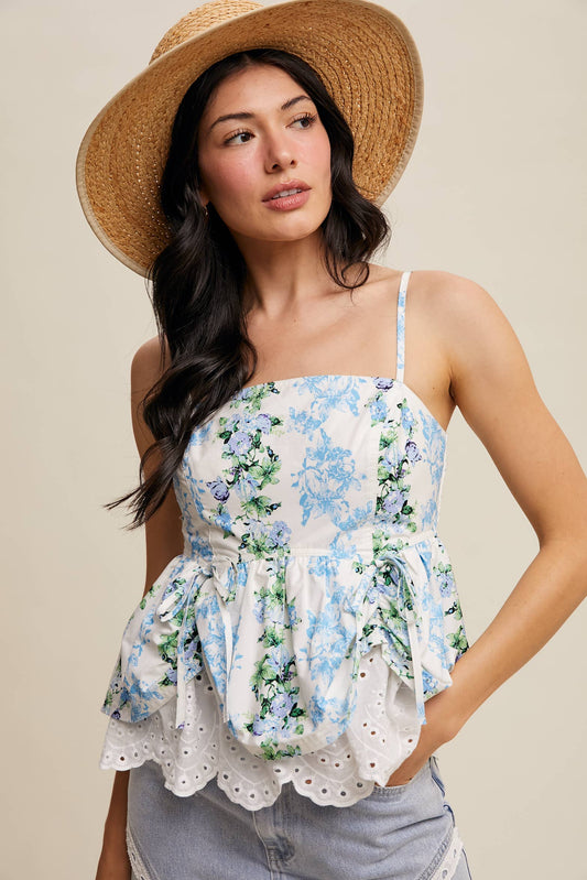 Floral Peplum Top with Eyelet Hem: Blue