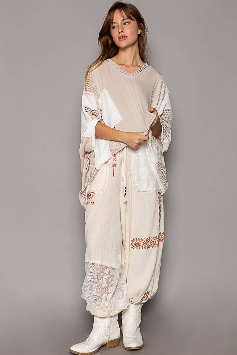 Oversize high low contrast fabric v-neck 3/4 sleeve top