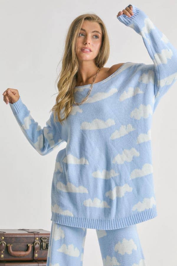 CLOUD PRINT ROUND NECK LOOSE FIT KNIT SWEATER