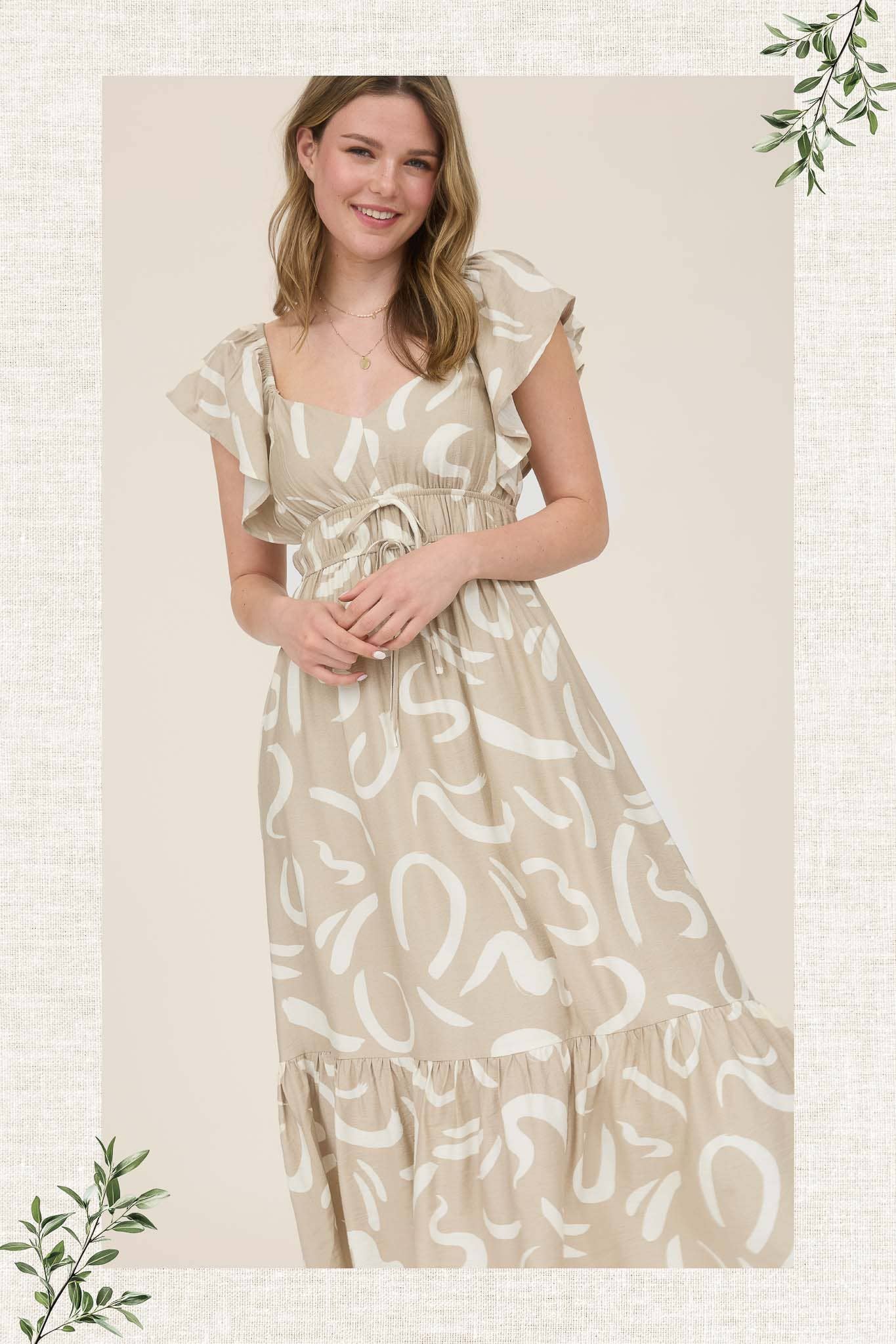FLUTTER SLEEVE MIDI DRESS: KHAKI