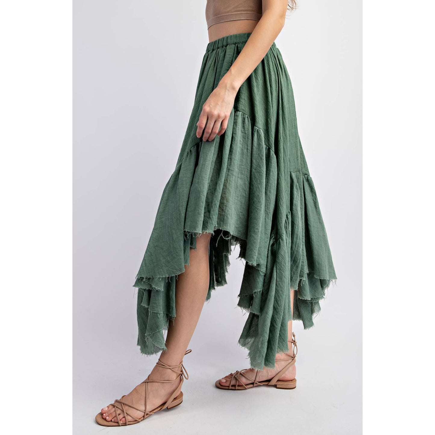 ASYMMETRICAL RAW-EDGE RUCHED UNEVEN HEMLINE SKIRT: Olive