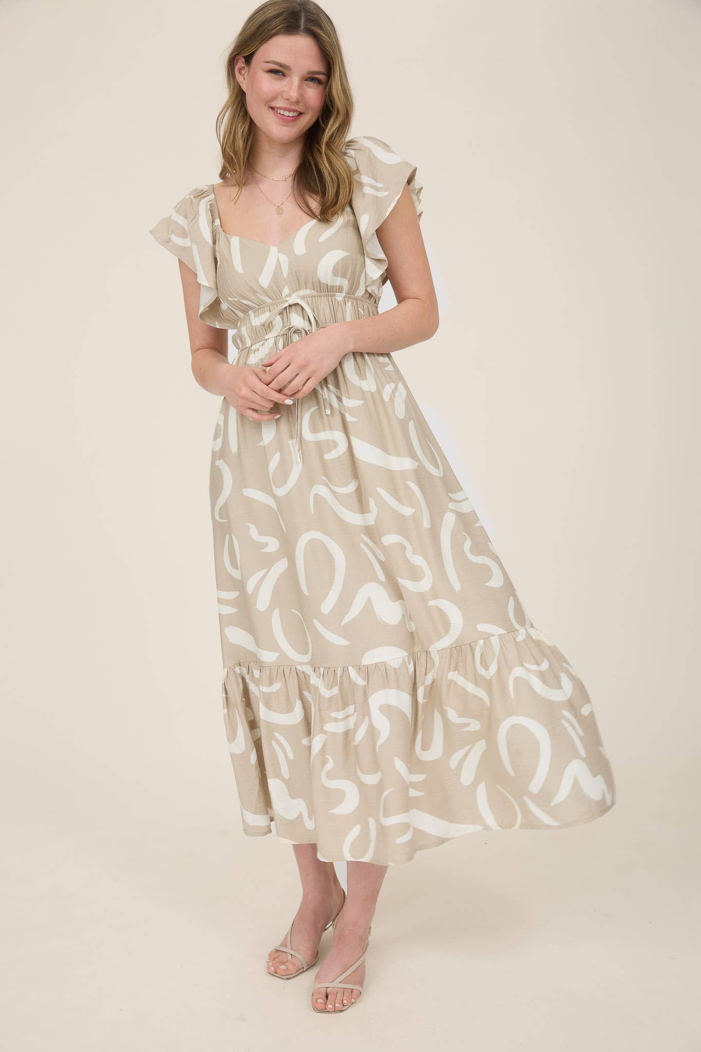 FLUTTER SLEEVE MIDI DRESS: KHAKI