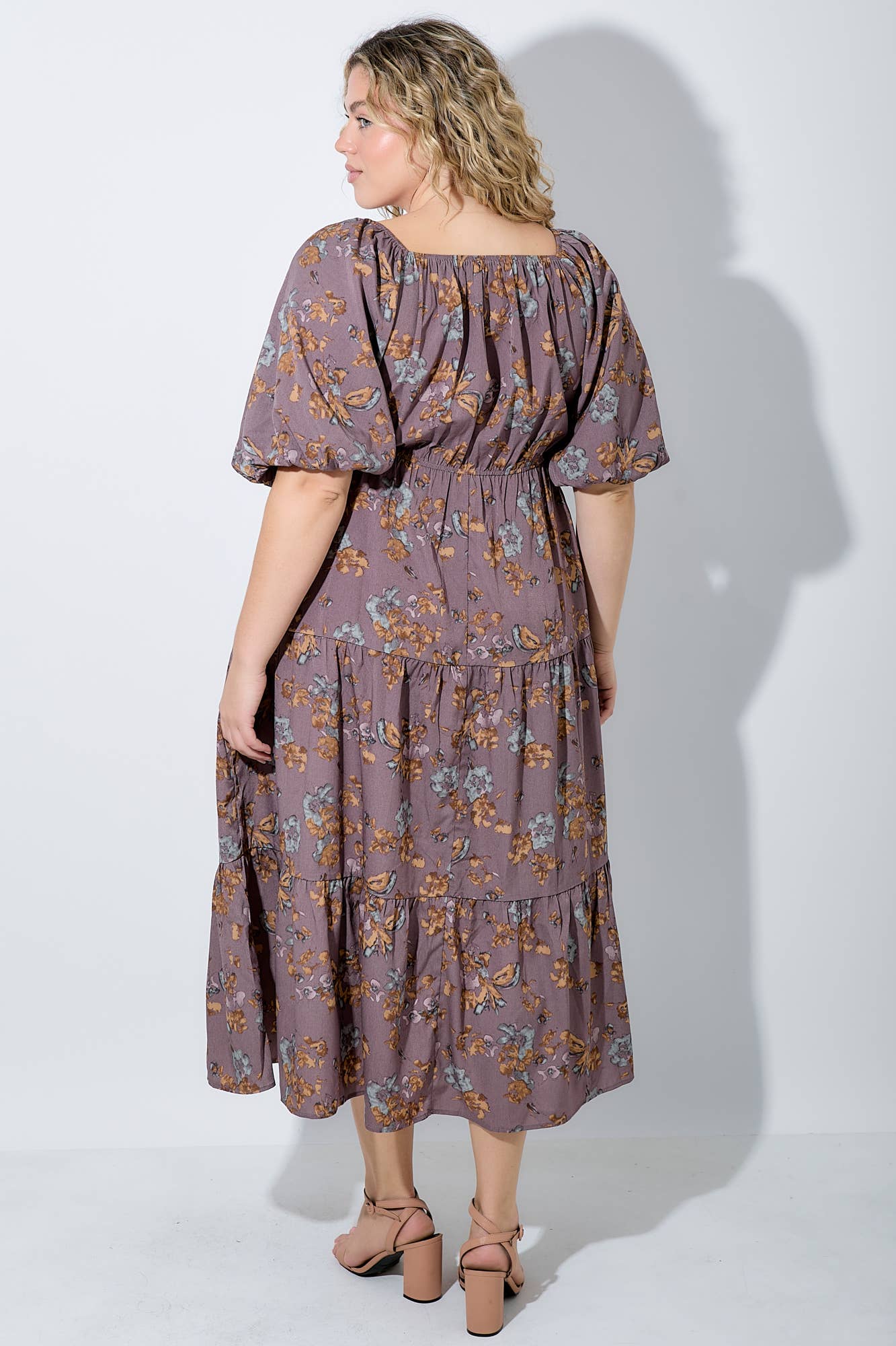 PLUS V-NECK BUBBLE SLEEVE DRESS: DUSTY MAUVE