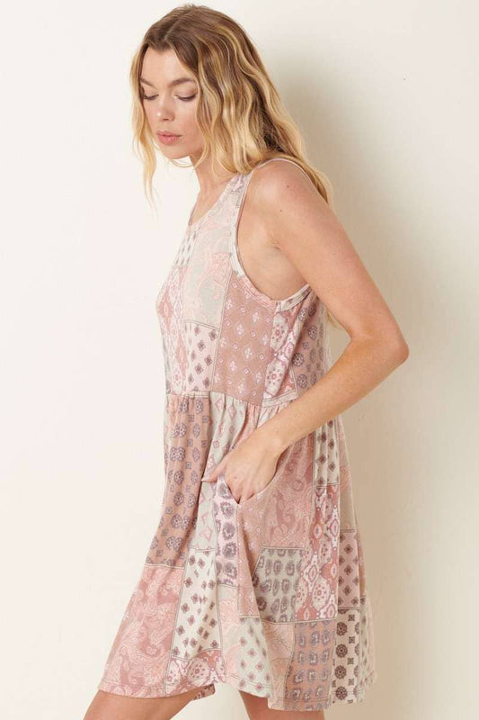 PATCH PRINT BABYDOLL MINI DRESS