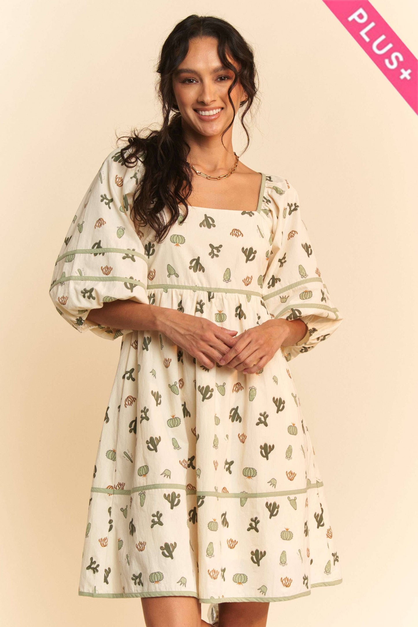 CACTUS PRINT DRESS: CREAM/GREEN