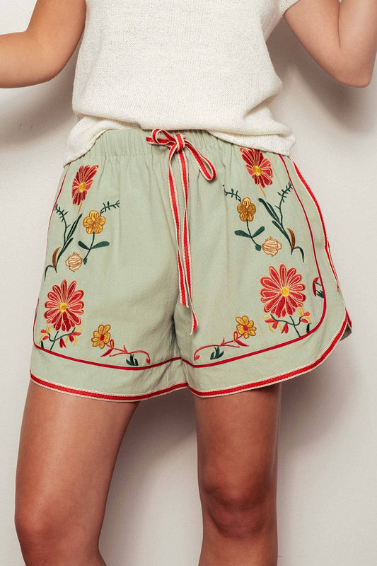 Embroidered Floral Drawstring Shorts: SAGE