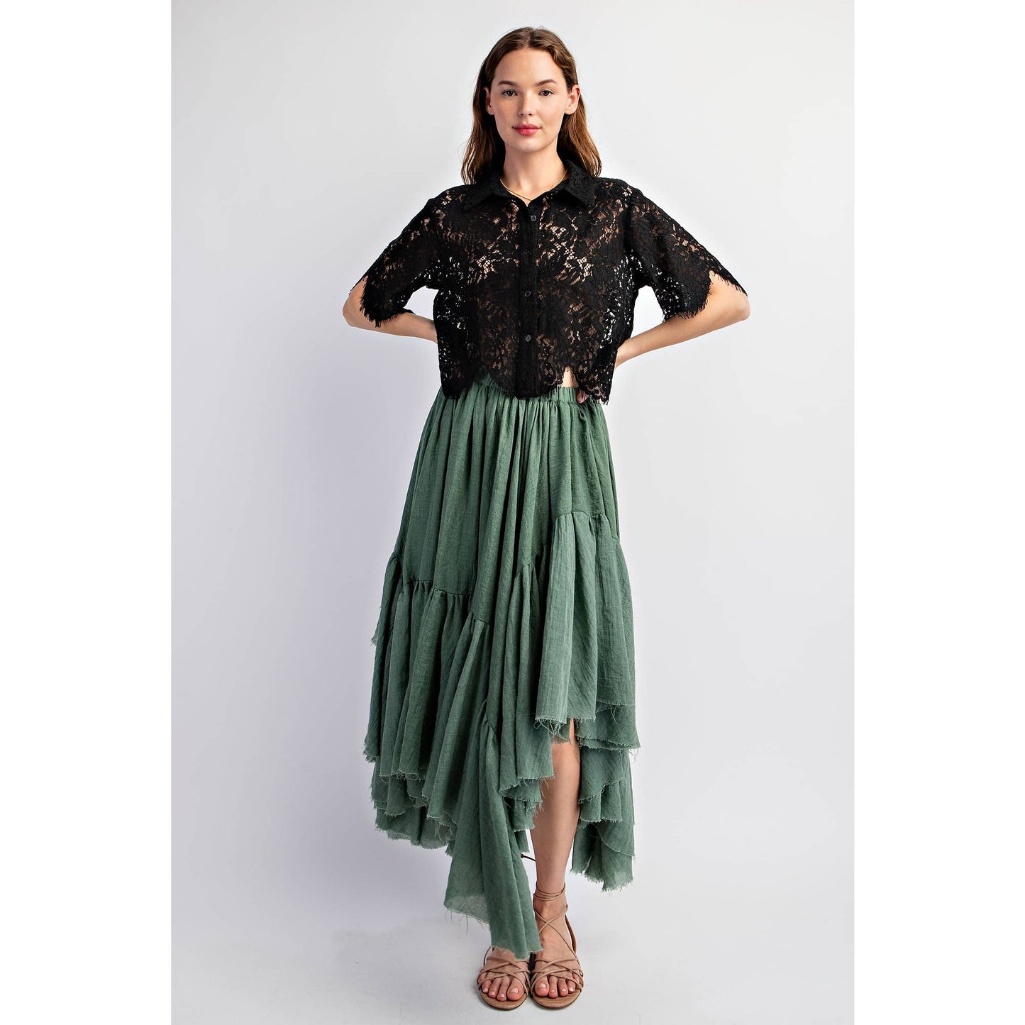ASYMMETRICAL RAW-EDGE RUCHED UNEVEN HEMLINE SKIRT: Olive